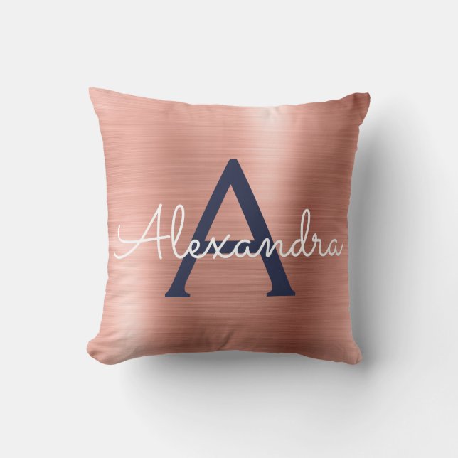 Coussin Rose Rose Gold Navy Blue Monogramme Nom (Recto)