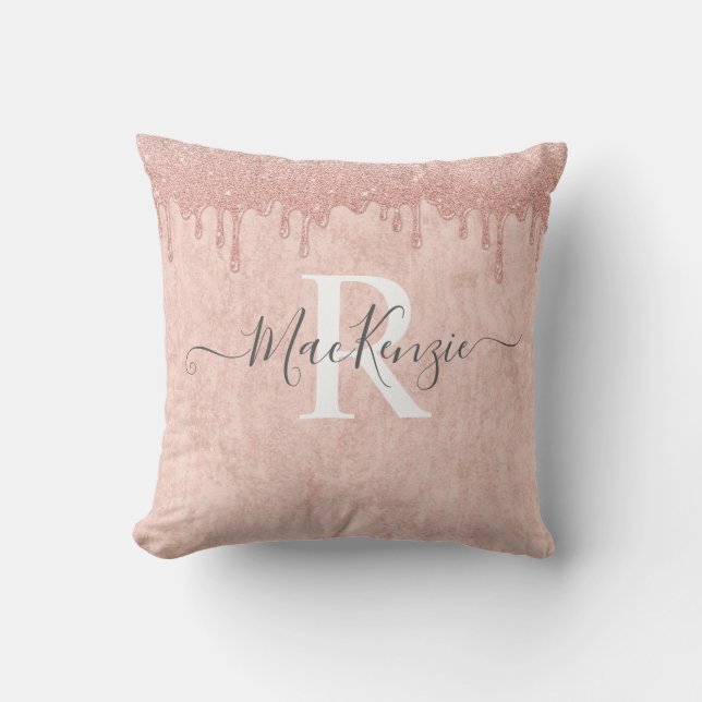 Coussin Rose Rose Gold Parties scintillant Monogramme Nom  (Recto)