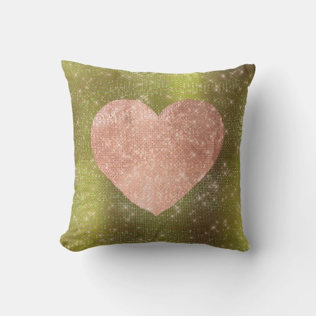 Coussin Rose Rose Or Brush Coeur Sequin Sparkly Vert (Recto)