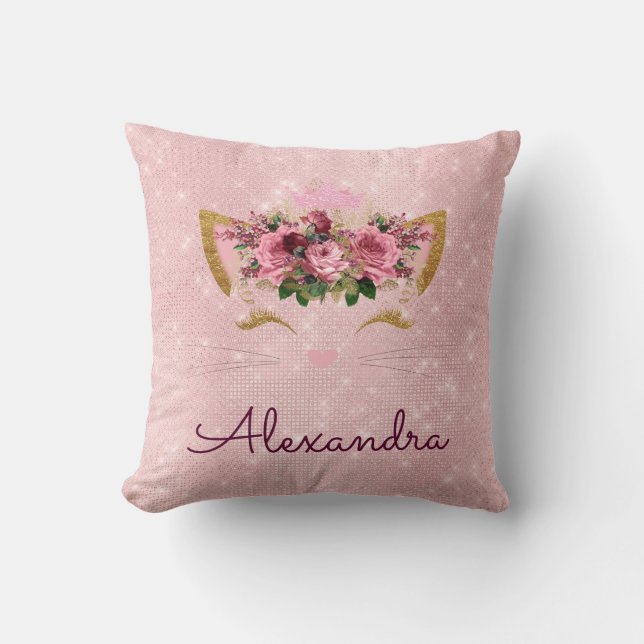 Coussin Rose Rose Or Étincelle Kitty Monogramme Décor Cham (Recto)