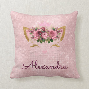 Coussin Rose Rose Or Étincelle Kitty Monogramme Décor Cham
