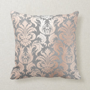 Coussin Rose Rose Or métal Damask Argent gris Lux
