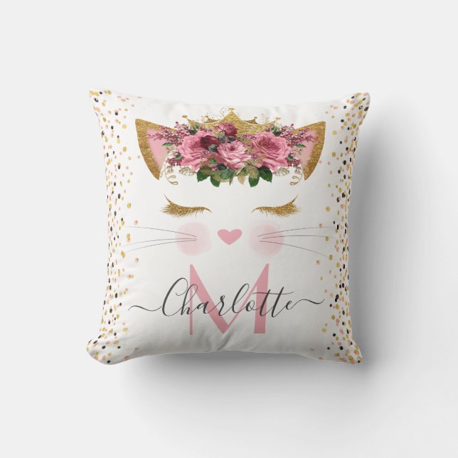 Coussin Rose rose or mignon chat princesse monogramme (Recto)