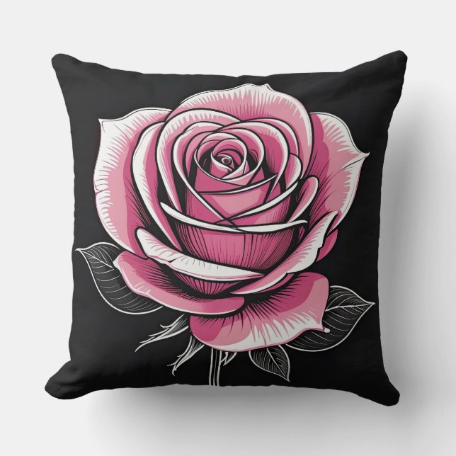 Coussin Rose rose sur noir (Recto)