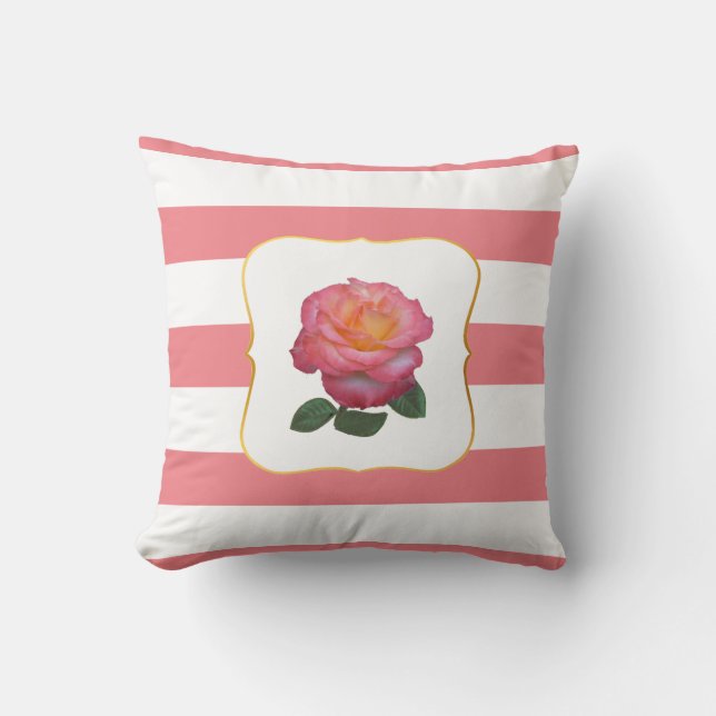 Coussin Rose rose sur rose et blanc rayé (Recto)