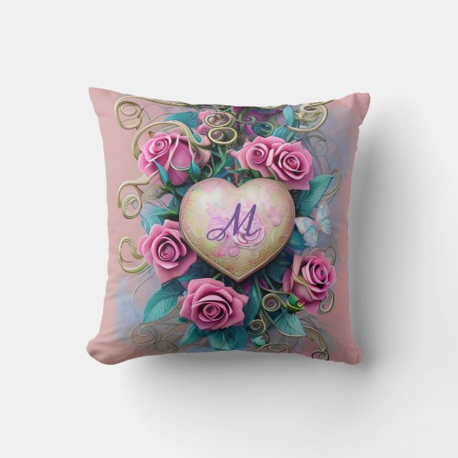 Coussin Rose rose vintage shabby chic et cœur (Recto)