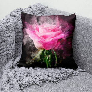 Coussin Rose roseau aquarelle sur fond noir