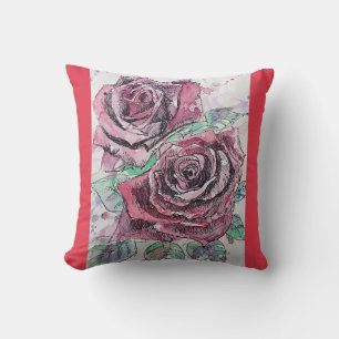 Coussin Rose rouge Aquarelle Peinture Fleur Floral Cushion