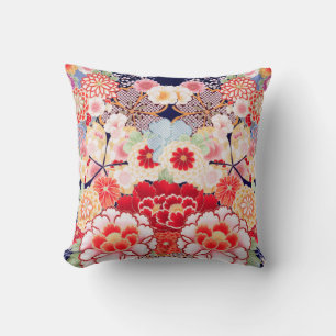 Coussin ROSE ROUGE BLANC FLEURS pivoines, Floral japonais 