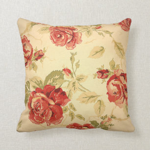 Coussin Rose rouge, crème, tan, ancienne empreinte floral
