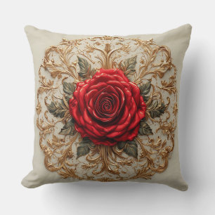 Coussin Rose Rouge Élégante avec Motif Floral Orné en Or
