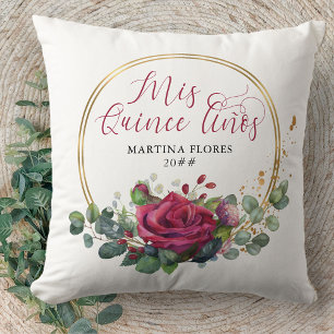 Coussin Rose Rouge et Eucalyptus Mis Quince Anos Personnal