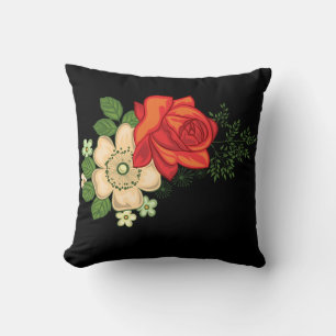 Coussin Rose rouge et marguerites sur fond noir