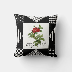Coussin Rose rouge géométrique noire et blanche avec nom