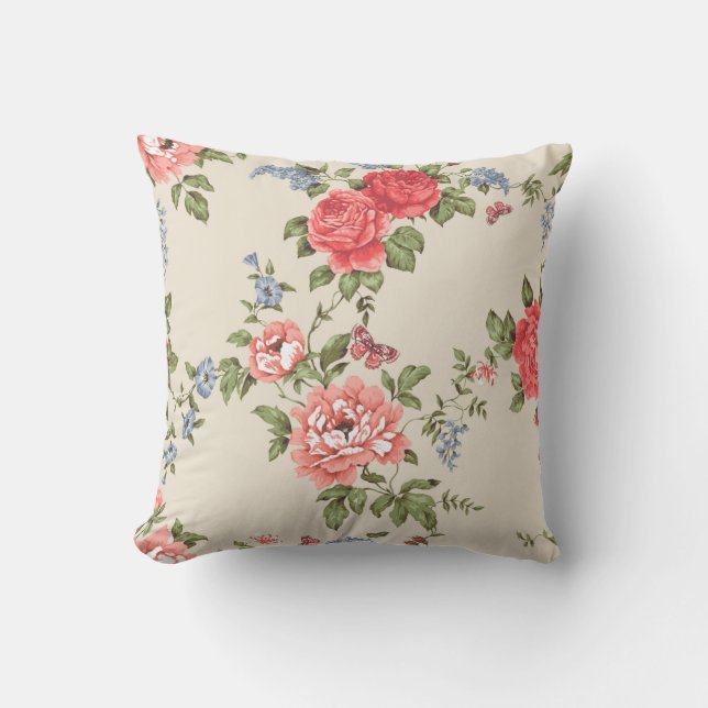 COUSSIN ROSE ROUGE MOTIF SANS PARAMÈTRE AVEC BELLES BLEUES (Recto)