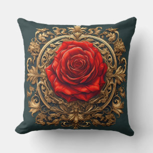 Coussin Rose rouge Orné Avec Cadre Baroque Or