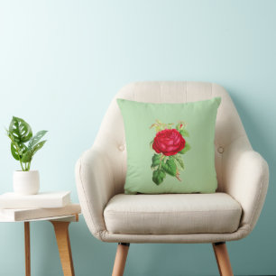 Coussin Rose rouge peinte sur fond vert clair