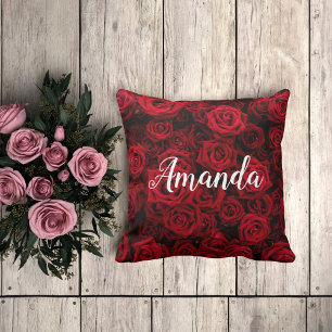 Coussin Rose rouge romantique Valentine monogramme personn