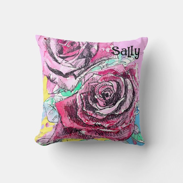 Coussin Rose Rouge Roses Aquarelle Florale Fleurs Fleur (Recto)
