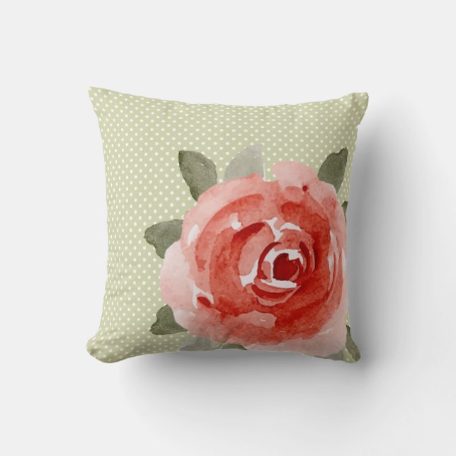 Coussin Rose rouge sur points blancs et lime (Recto)
