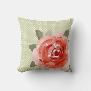 Coussin Rose rouge sur pois blancs et lime