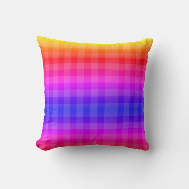 Coussin rose, rouge, violet, orange et jaune plaid (Recto)