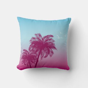 Coussin Rose Sur Palmier Bleu Silhouettes Tropical Été