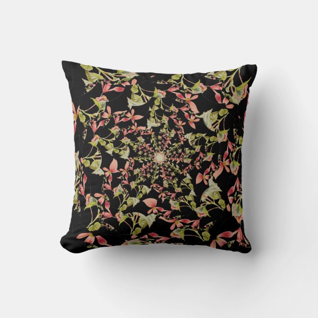 Coussin Rose Vert doux noir Begonia art fractal (Recto)