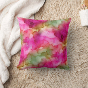 Coussin Rose Vert et Or Clair Douceur Aquarelle Marbre Flu
