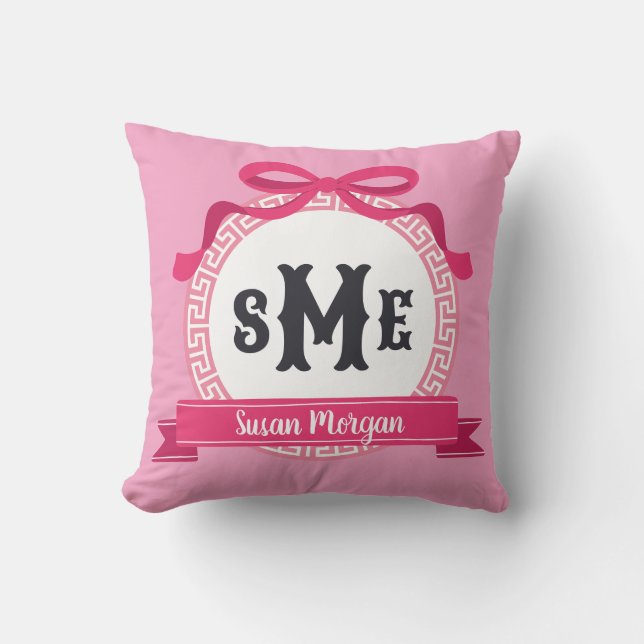 Coussin Rose vif noeud à monogramme à clé grecque inversée (Recto)