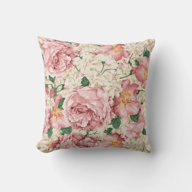 Coussin Rose Vintage Aquarelle et Motif Hydrangea (Recto)