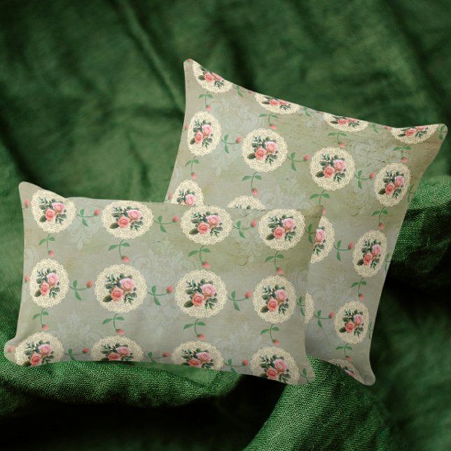 Coussin Rose vintage Doily Green Damask (3 sizes available)
