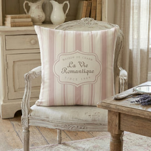 Coussin Rose Vintage et Rayures Crème Campagne Française 