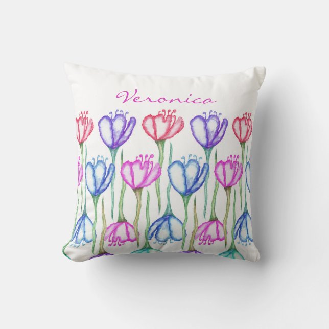 Coussin Rose violet bleu et rouge Aquarelle Tulip Monogram (Recto)