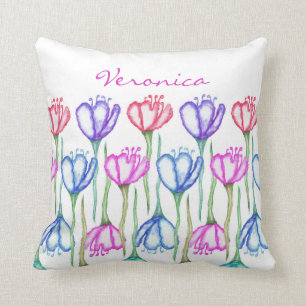 Coussin Rose violet bleu et rouge Aquarelle Tulip Monogram