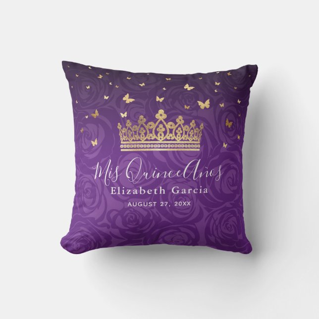 Coussin Rose violet Couronne or Quinceanera Mis Quince Ano (Recto)
