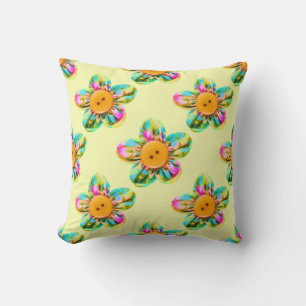 Coussin Rose, violet, fleurs jaunes sur jaune