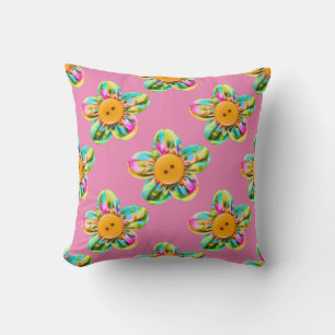 Coussin Rose, violet, fleurs jaunes sur rose doux