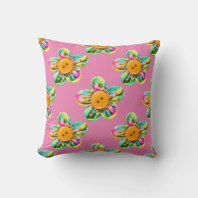 Coussin Rose, violet, fleurs jaunes sur rose doux (Recto)