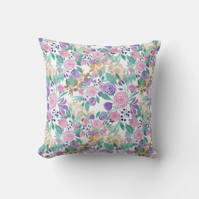 Coussin Rose violet violet or Aquarelle Feuille (Recto)