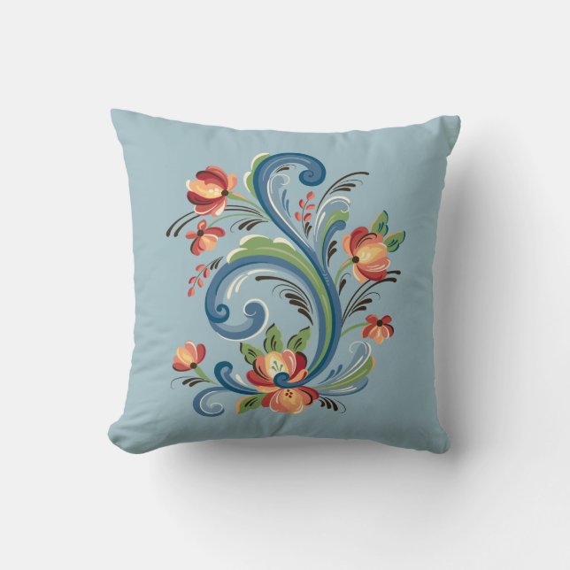 Coussin Rosemaling en bleu et rouge (Recto)
