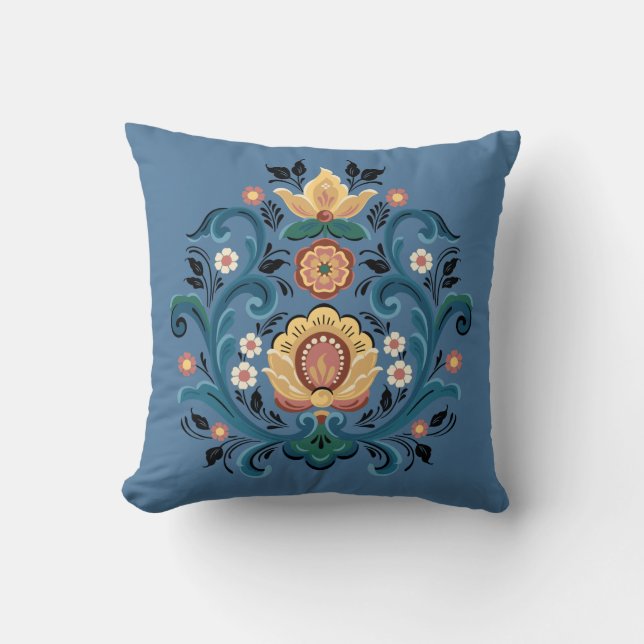 Coussin Rosemaling Gold et Bourgogne (Recto)