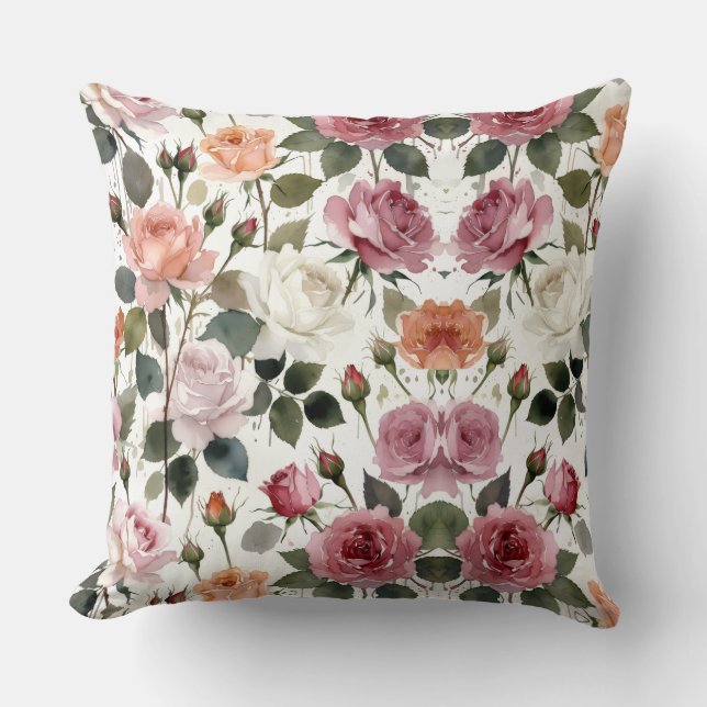 Coussin Roses à l'aquarelle avec une douce lueur romantiqu (Recto)