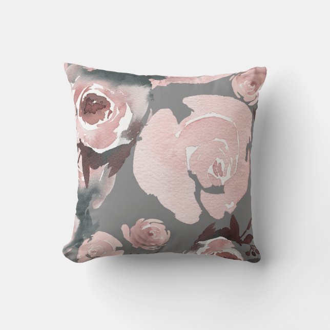 Coussin Roses Aquarelle Rose Charbon Floral Gris (Recto)