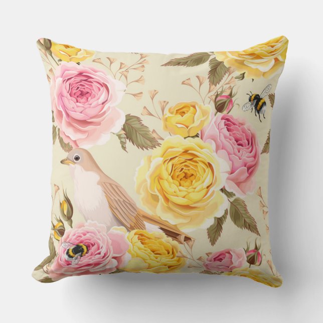 Coussin Roses avec oiseaux et abeilles (Recto)