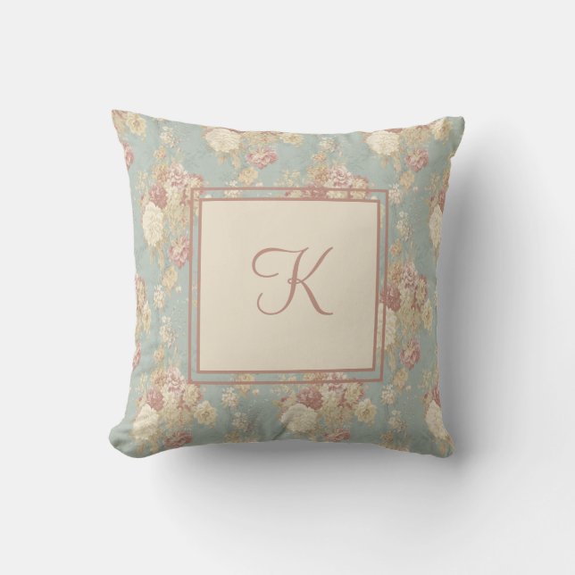 Coussin Roses blanches et roses pastel Monogram sur fond b (Recto)