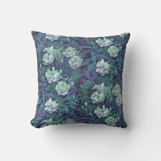Coussin "Roses blanches, feuilles bleus", imprimé floral n (Recto)