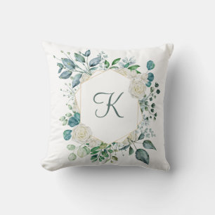 Coussin Roses blanches Monogrammé Fleurs verdure Eucalyptu