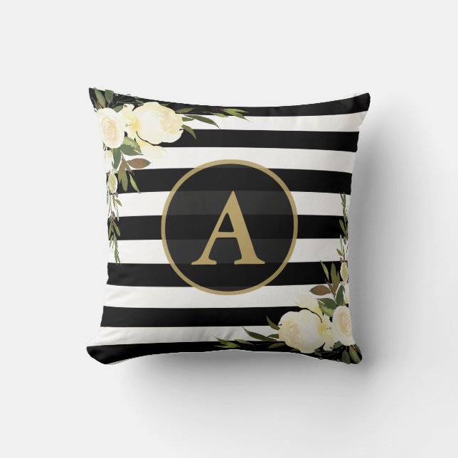 Coussin ROSES BLANCHES Or Monogramme noir blanc rayé (Recto)