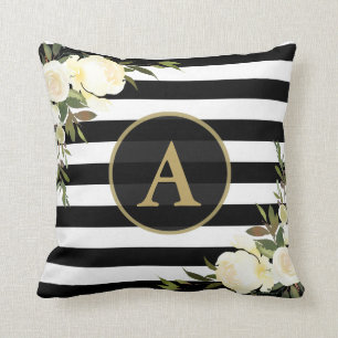 Coussin ROSES BLANCHES Or Monogramme noir blanc rayé